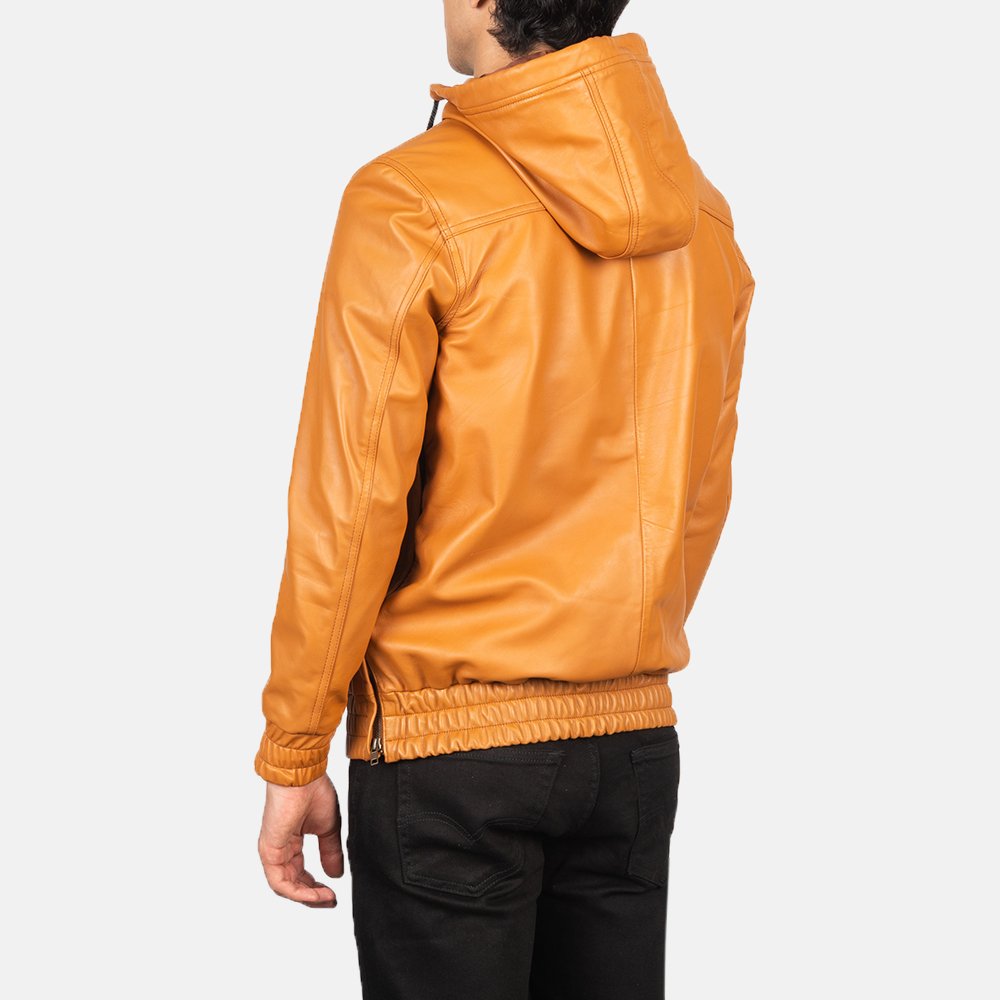 Mens Kenton Hooded Brown Leather Pullover Jacket Tilted Back-8-1634134393898