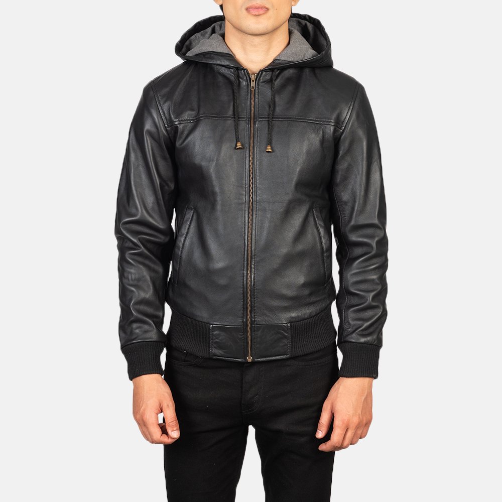 Mens Nintenzo Black Hooded Leather Jacket Close Front-5-1634309156527