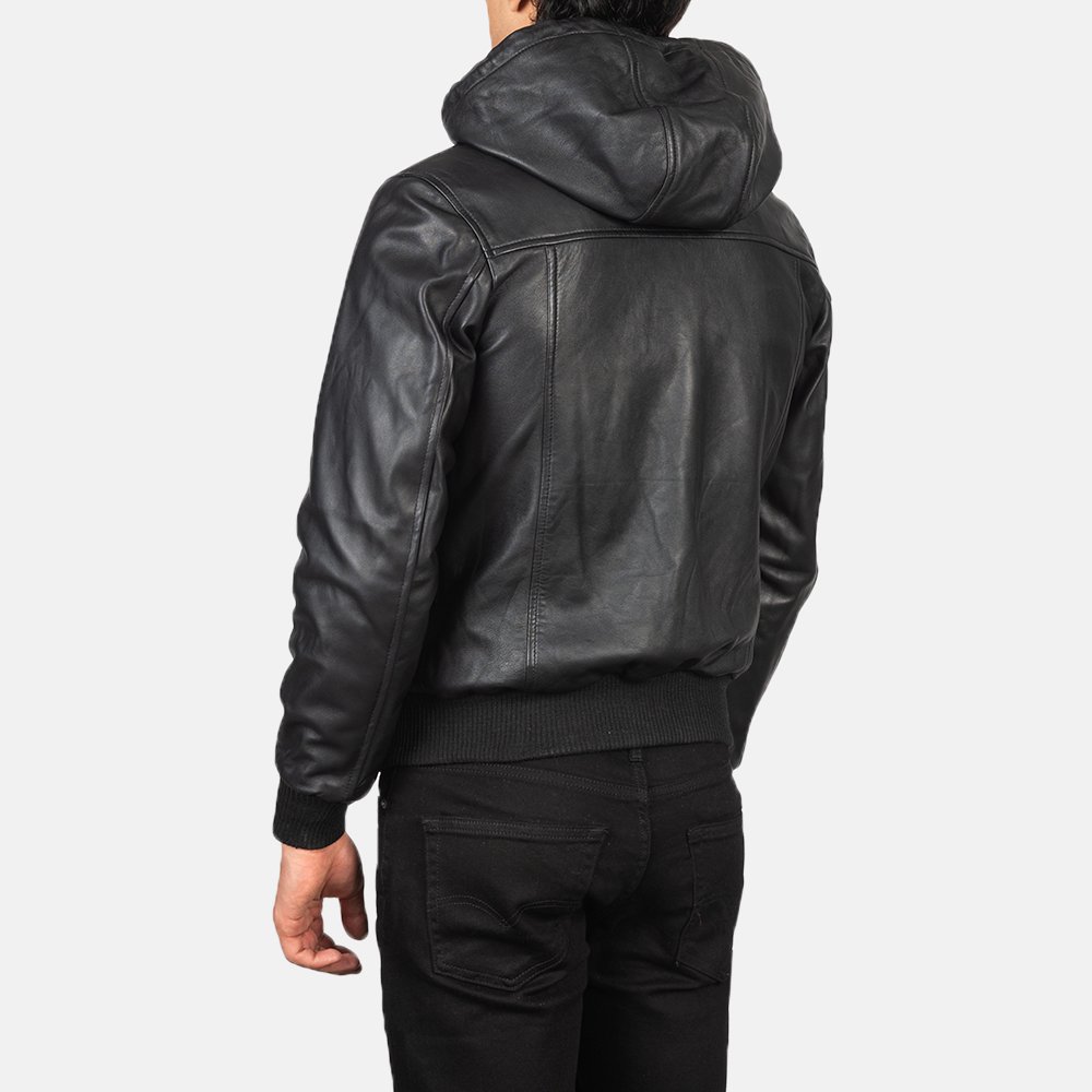 Mens Nintenzo Black Hooded Leather Jacket Tilted Back-8-1634309161915