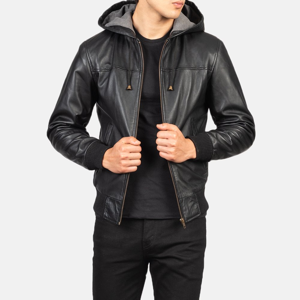 Mens Nintenzo Black Hooded Leather Jacket-9-1634309205406