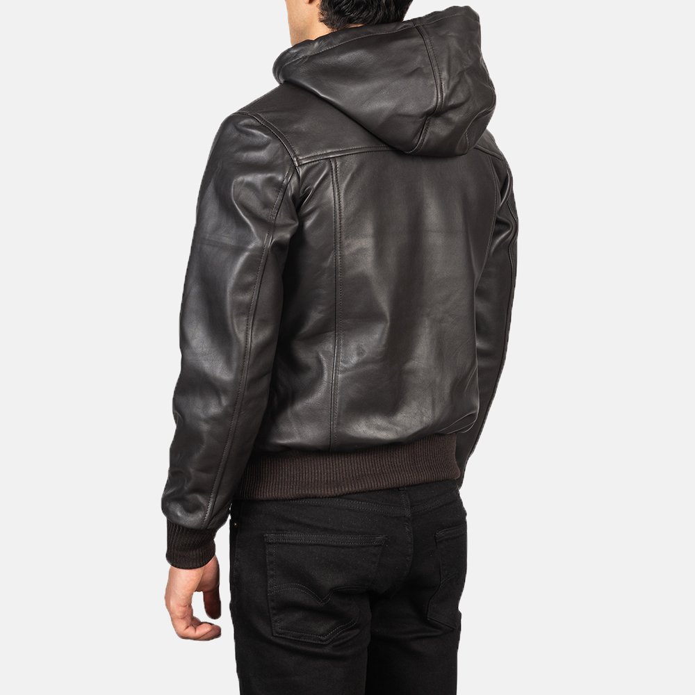 Mens Nintenzo Brown Hooded Leather Jacket Tilted Back-8-1634137992011