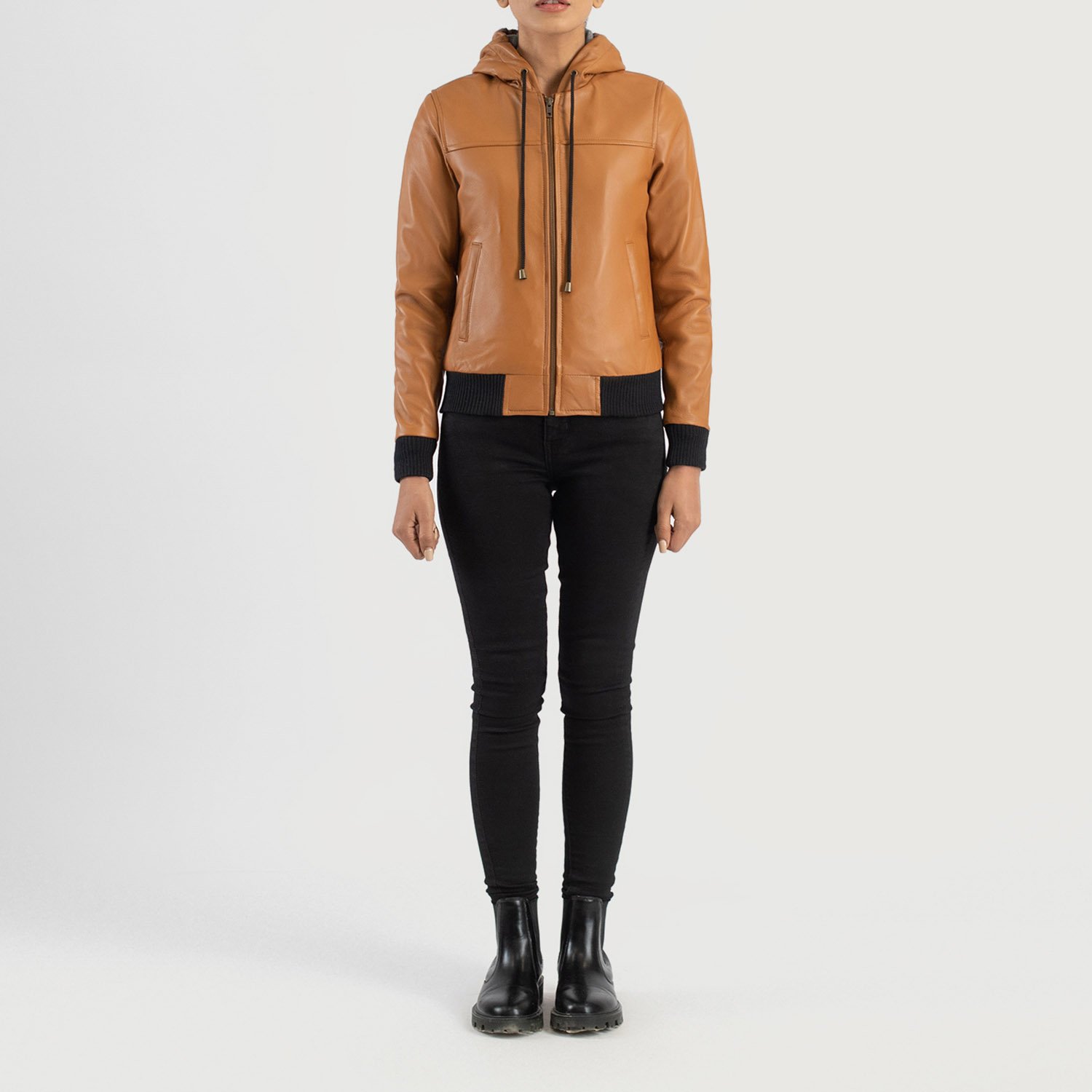 Womens Rebella Brown Hooded Leather Bomber Jacket Full Length-2-1686935131231
