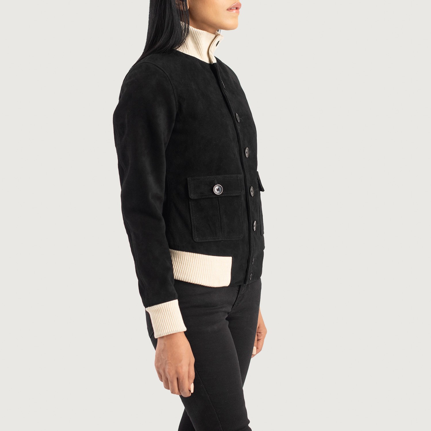 Womens Sasha A1 Black Suede Bomber Jacket Side Pose-3-1686935481602